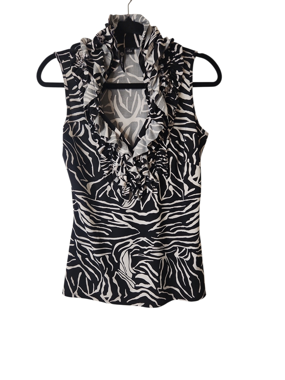 Milano Sleeveless Jabot Ruffle V-Neck Zebra Print Top - Black and White Size S